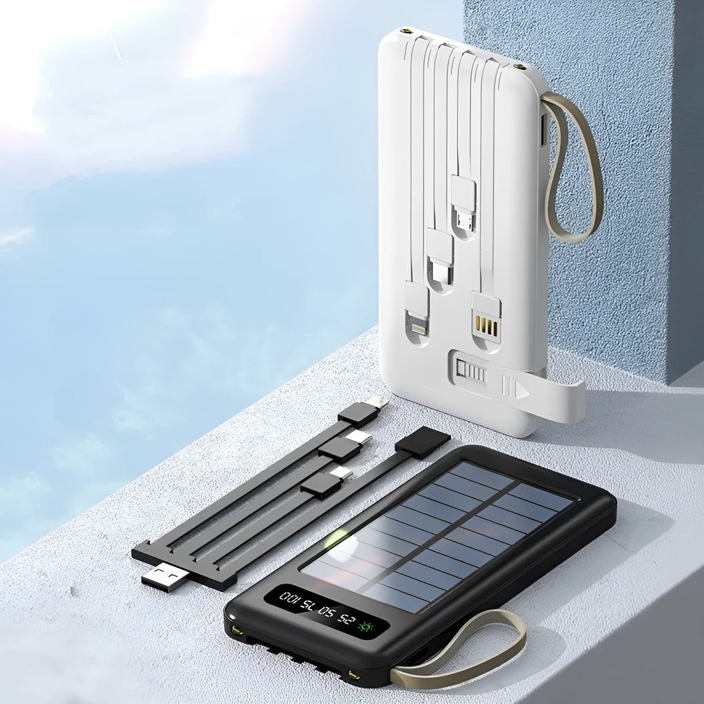 Solar power bank in cool black or ivory white with 20000mAh/30000mAh capacity and compact 144mm design