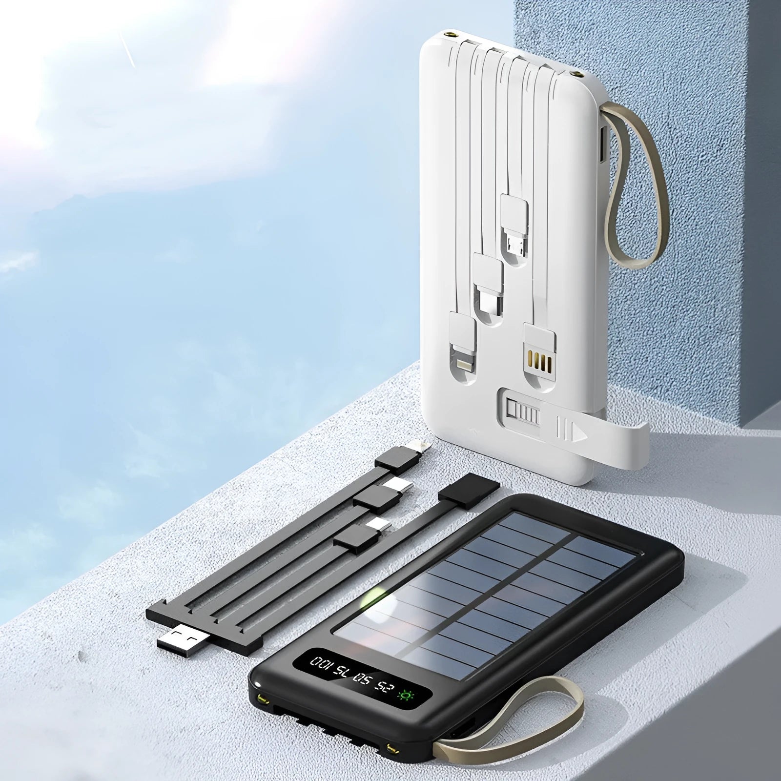 Solar power bank in cool black or ivory white with 20000mAh/30000mAh capacity and compact 144mm design