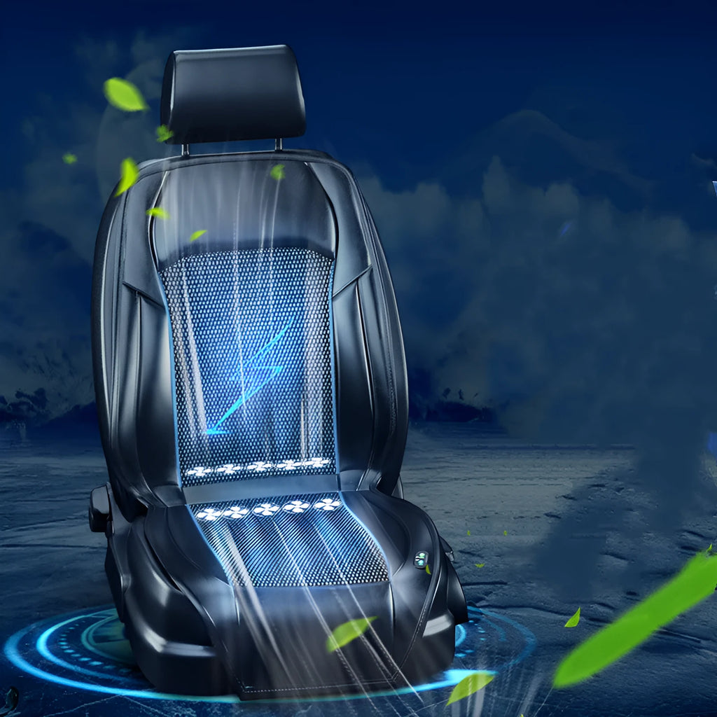 Black ventilated car seat cushion with multiple cooling fans, plugged into a 12V car socket.