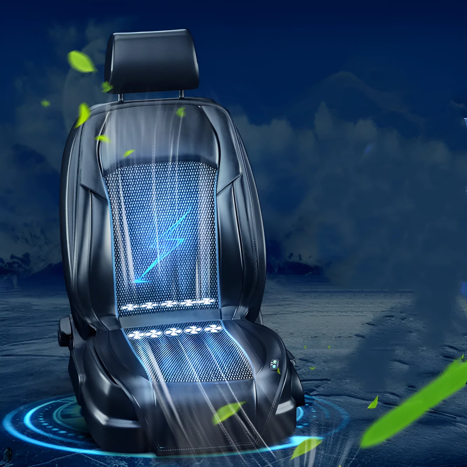 Black ventilated car seat cushion with multiple cooling fans, plugged into a 12V car socket.