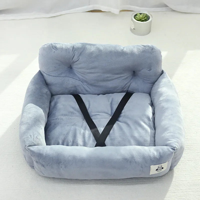 Car-mounted cloth pet travel basket in blue plaid or grey, small and large size options for dogs