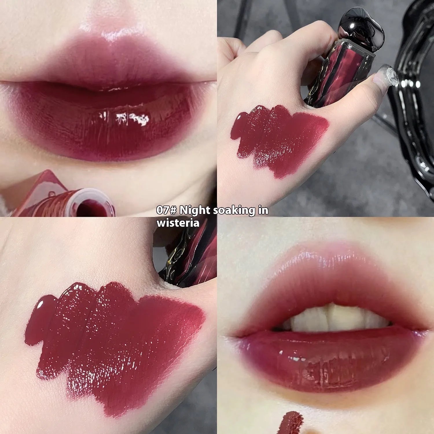 Glacier Lava Lip Lacquer in water-light mirror finish showing seven numbered colour options