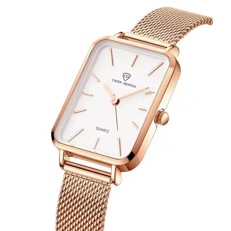 Women's waterproof quartz watch with woven steel strap in silver or rose gold colour options