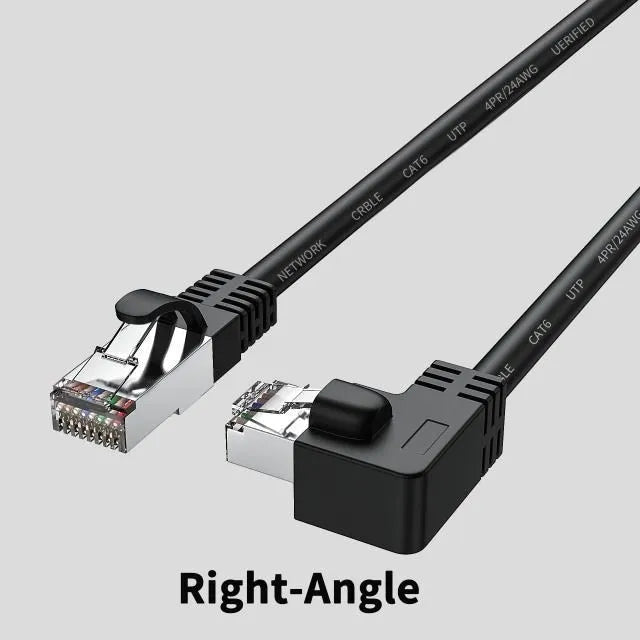 Right-angled Cat6 Ethernet cable with metal connector in various colours including black, red, and yellow.