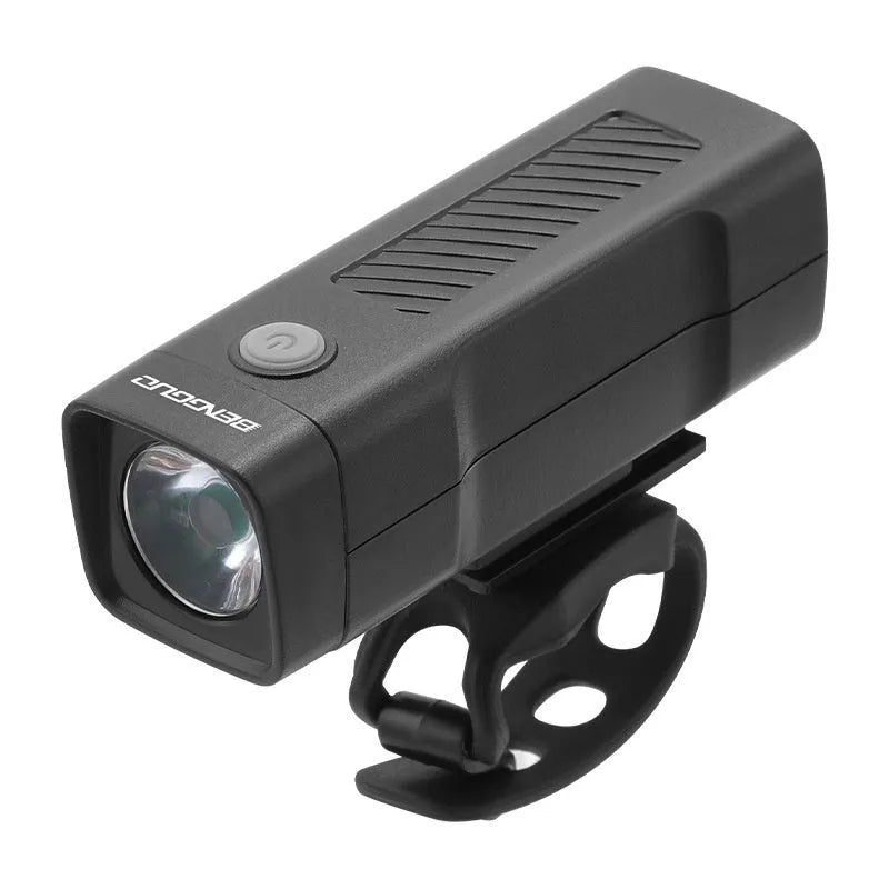 Black USB-rechargeable bicycle headlight with quick-release strap mount on handlebars.