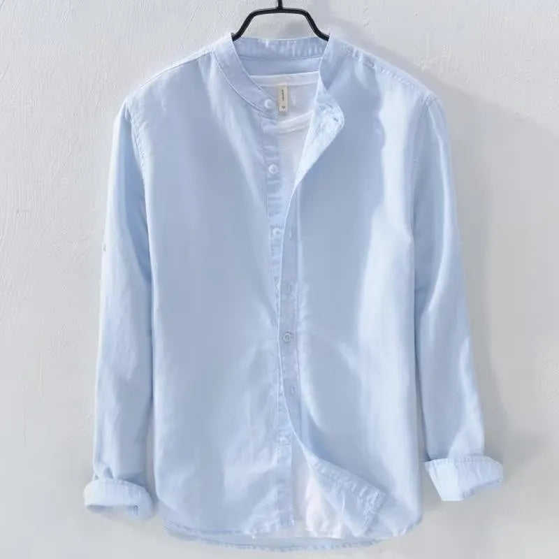 Men's loose long sleeve linen casual shirt in solid colour, shown on a hanger.