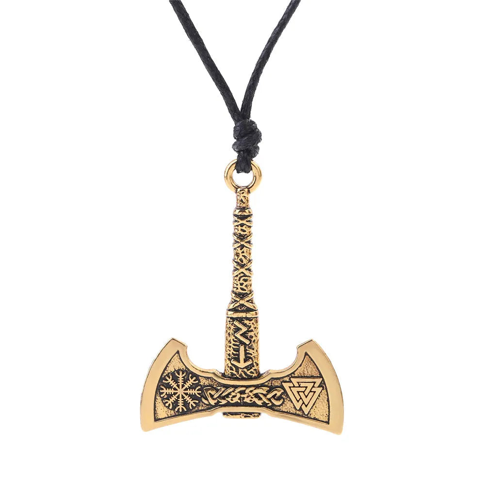 Retro Nordic Viking Odin symbol axe pendant necklace for men in antique silver finish on alloy cross chain