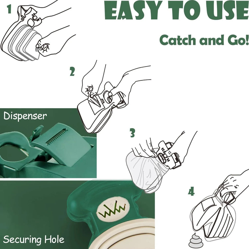 Blue handheld dog pooper scooper with clip and bag dispenser on a green background.