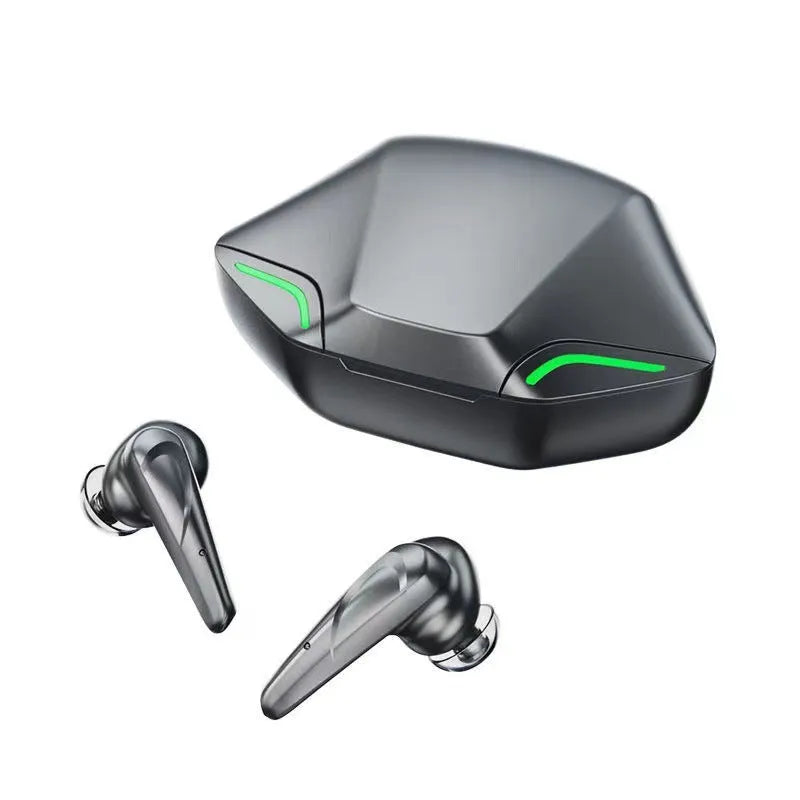 Wireless Bluetooth gaming earbuds with a portable charging case, shown in multiple colour options.