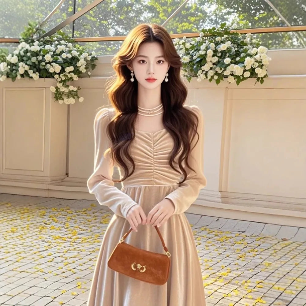 Solid colour fairy dress with mid-waist long sleeves in blue, shown on model
