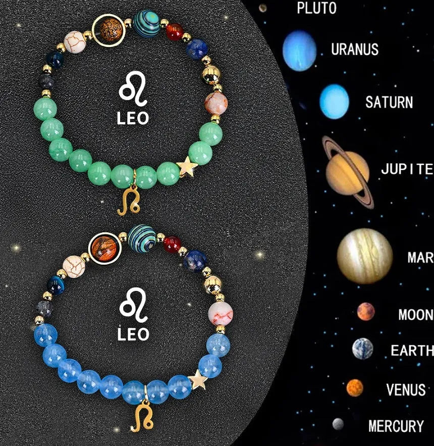 Two natural stone beaded bracelets showing zodiac symbols for all twelve astrology signs