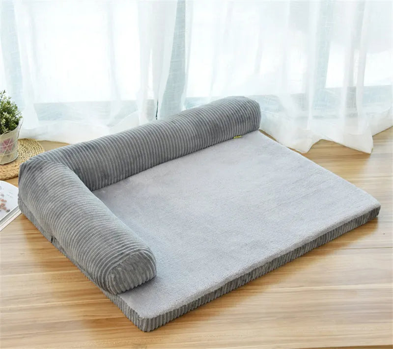 Corduroy pet sofa bed in grey colour with unilateral bolster, showing high-density sponge padding and non-slip base.
