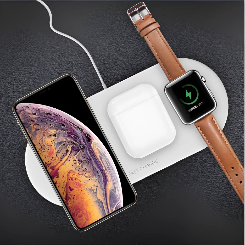White 3-in-1 desktop wireless charger for Apple iPhone, watch and headphones on a wooden desk