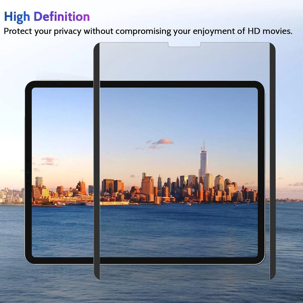 Magnetic suction iPad privacy screen protector with paper-like texture and storage clip on an iPad.