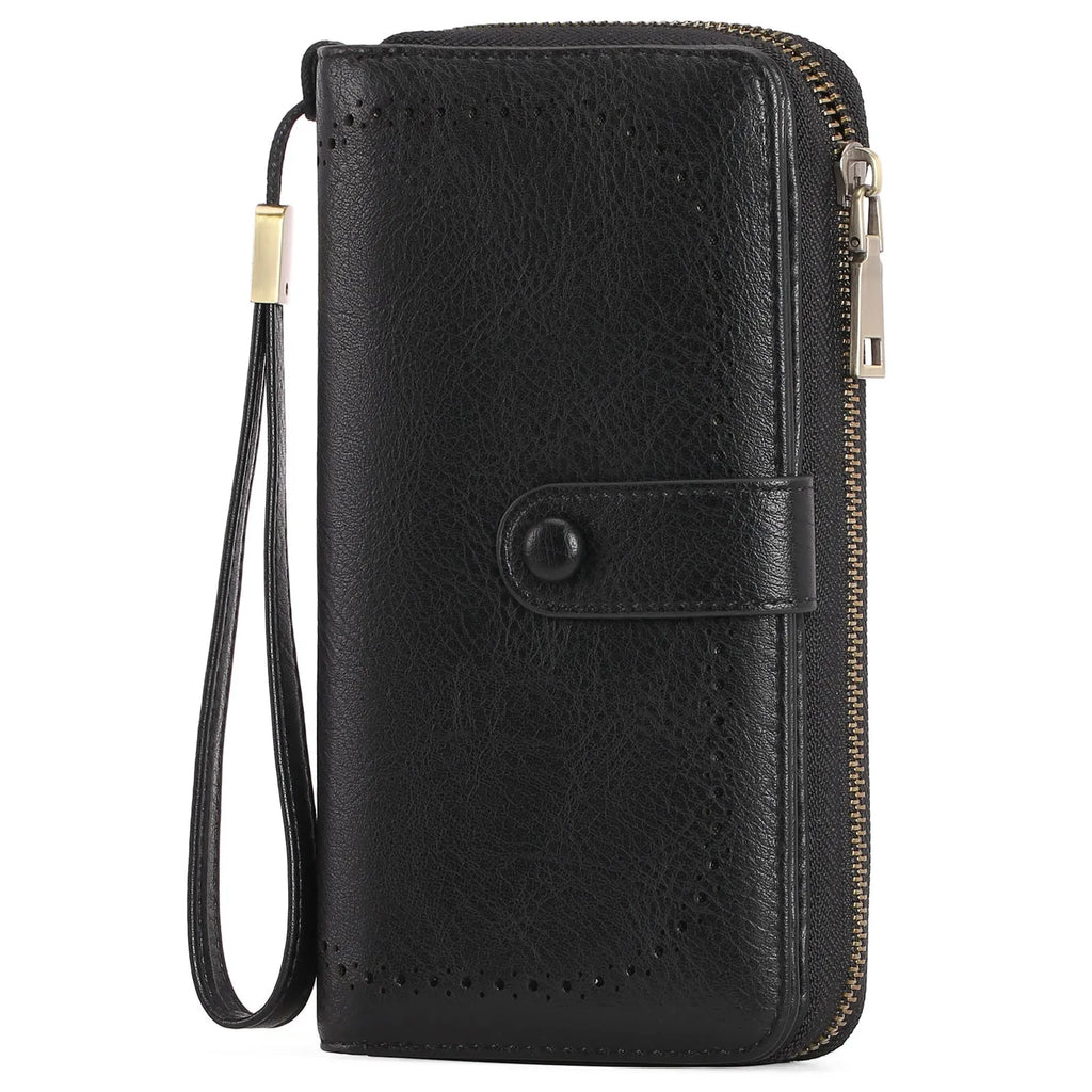 Women's expanding long wallet in denim blue showing card slots and passport pocket with anti-theft swiping feature