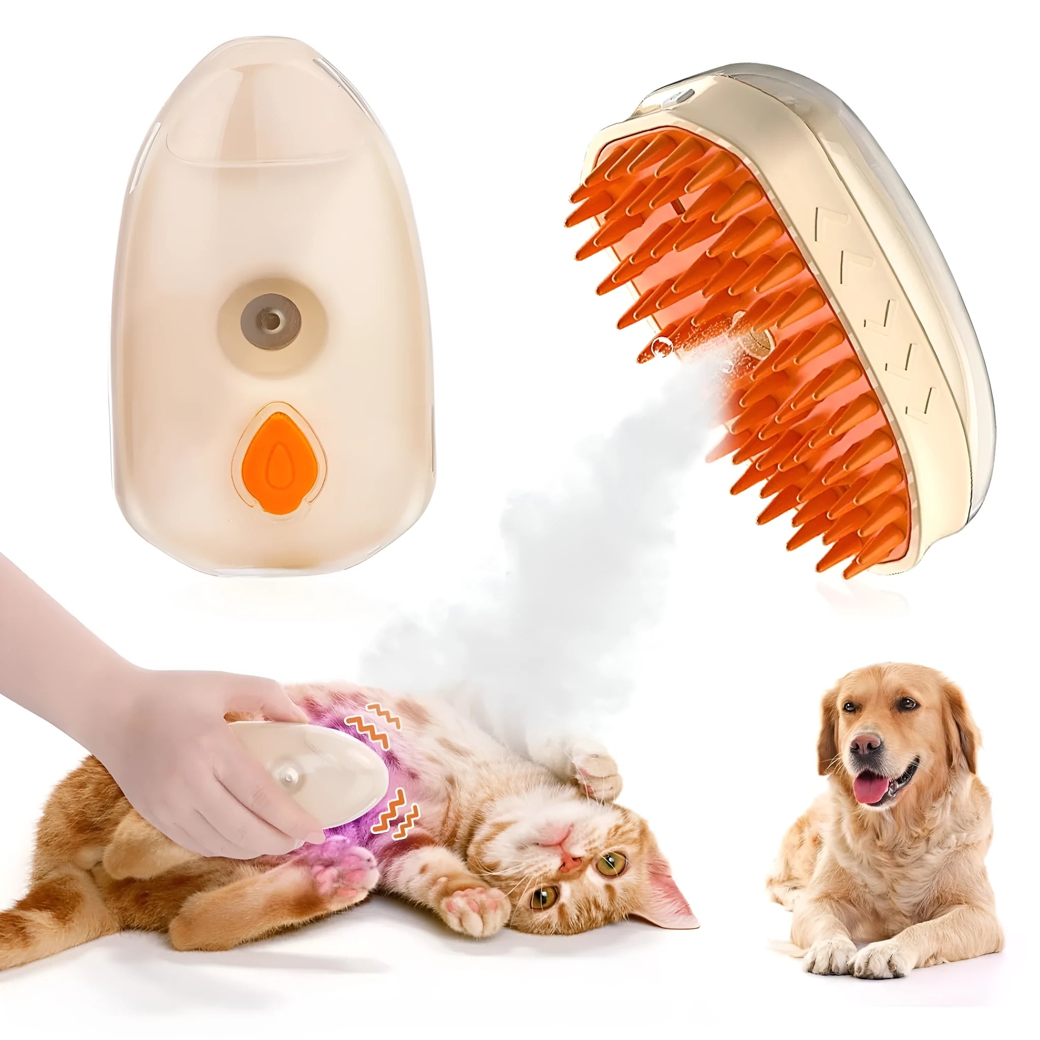 Yellow 4-in-1 cat steam brush with vibration massage, water spray, and ringworm detector measuring 110x65x50mm