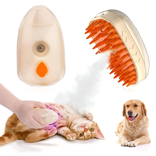 Yellow 4-in-1 cat steam brush with vibration massage, water spray, and ringworm detector measuring 110x65x50mm