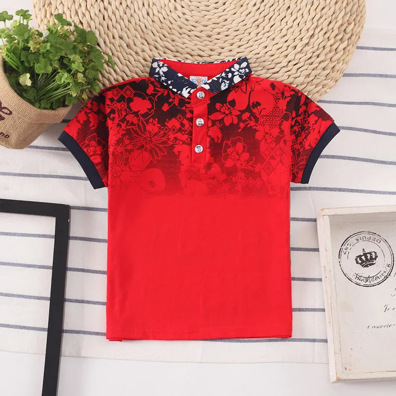 Boy's short sleeve lapel collar shirt in grey, navy, red, or white.
