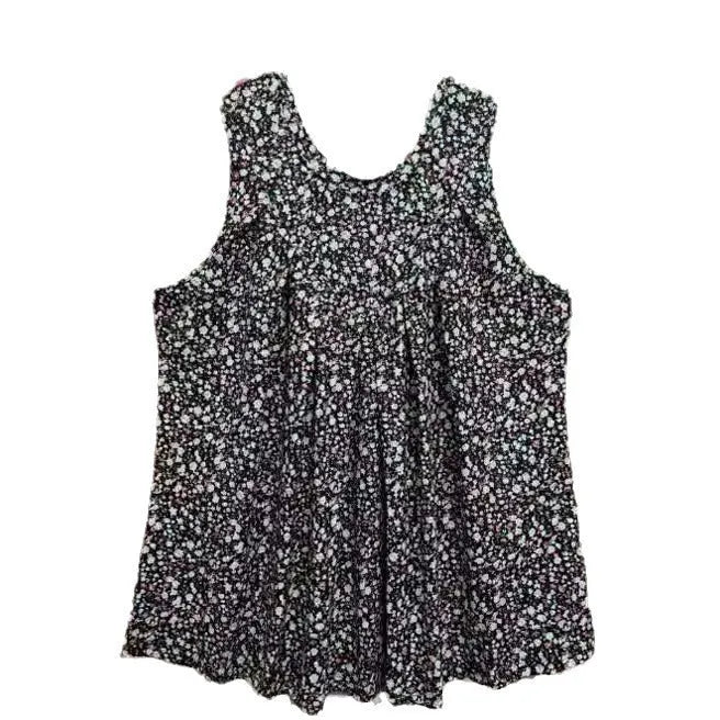 Black floral print plus size sleeveless vest on hanger showing round neck and loose fit