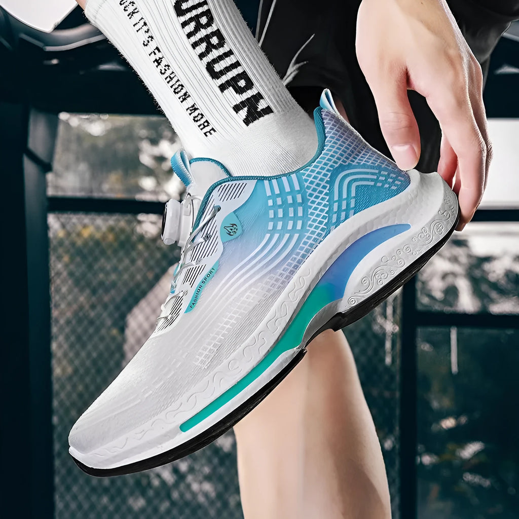 Men's white and blue low-top mesh sneakers with a rotating buckle closure and rubber sole.