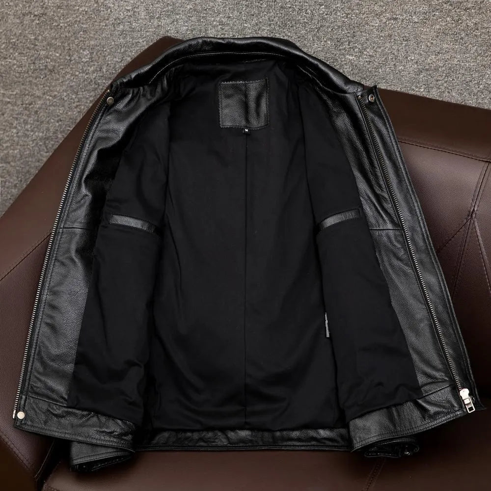 Men's plus size black lapel leather jacket with side pockets, shown on a hanger.