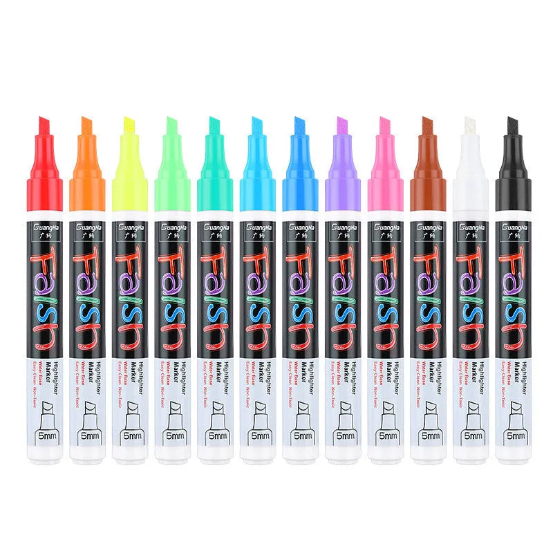 Electronic fluorescent board highlighter with oblique pen shape showing 6mm tip and plastic shell construction