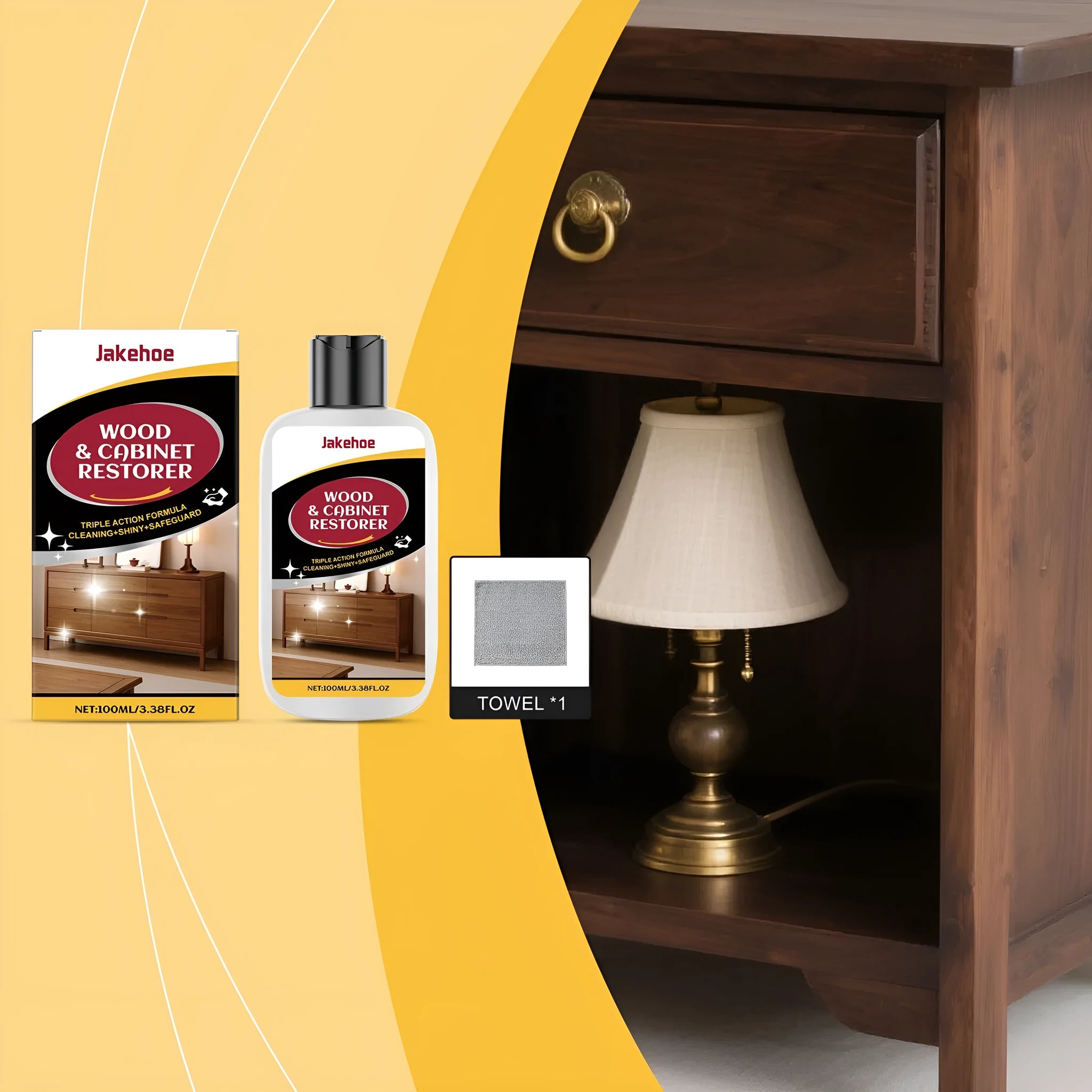 Wood furniture scratch care solution bottle with microfiber polishing cloth