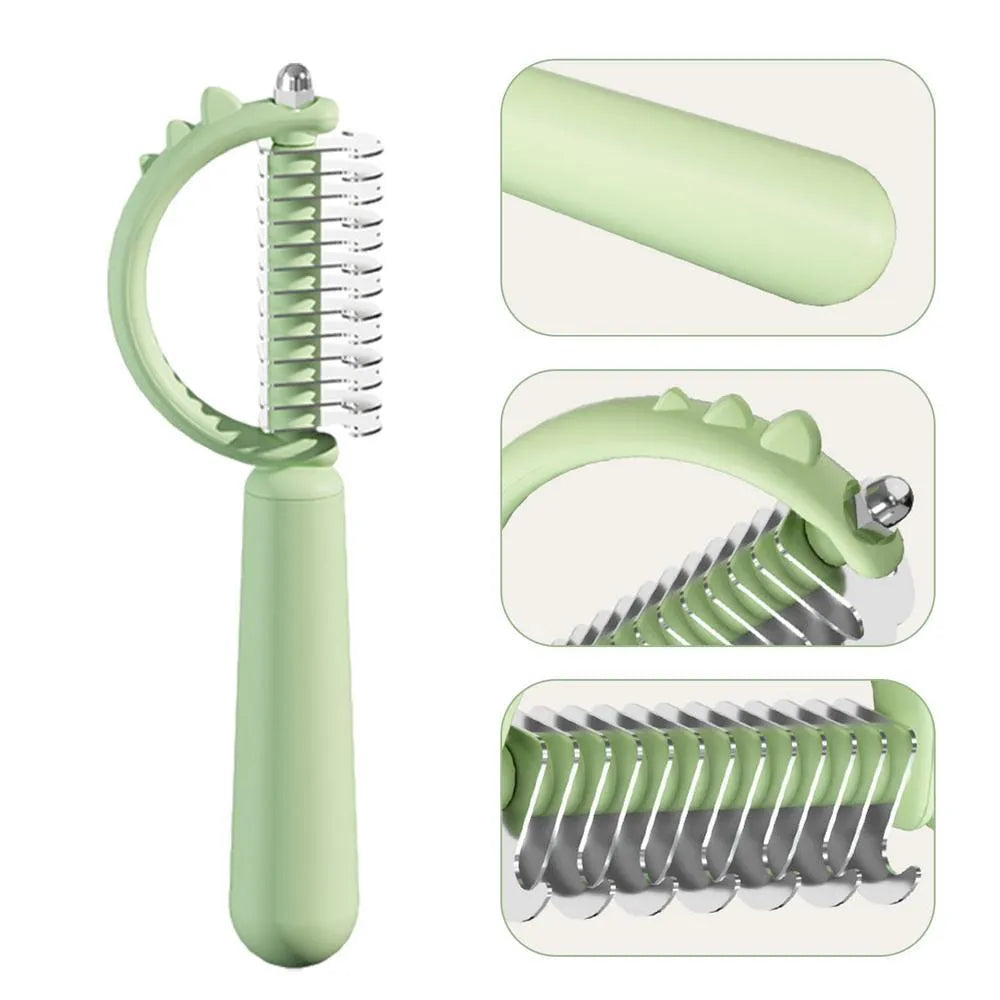 Blue dinosaur-shaped self-cleaning cat brush with double-sided stainless steel slicker pins.