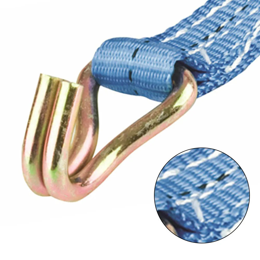 Steel ratchet tensioner with double hook on a grey polyester binding strap laid flat