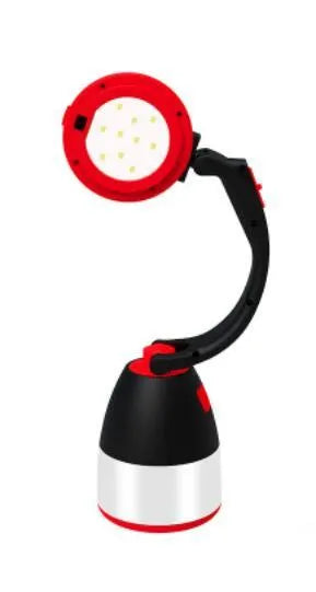 Black/green foldable LED camping lamp showing adjustable head and USB charging port