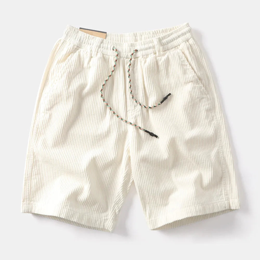 Men's khaki retro American-style cargo shorts with straight-leg cut on mannequin