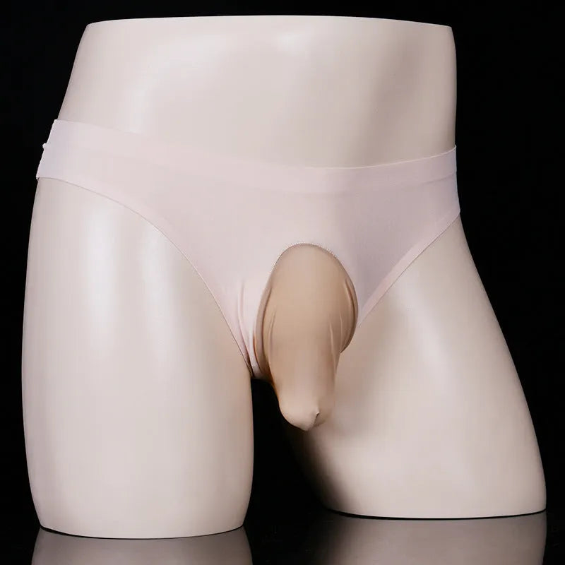 Men's ice silk briefs in black showing open gun style with low-waist design