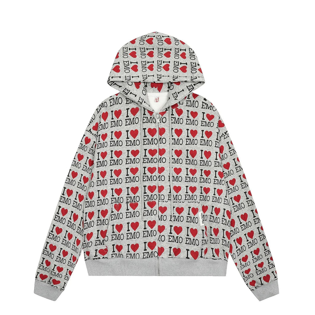 Women's mixed grey cotton cardigan with autumn retro pattern and hooded design