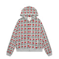 Women's mixed grey cotton cardigan with autumn retro pattern and hooded design