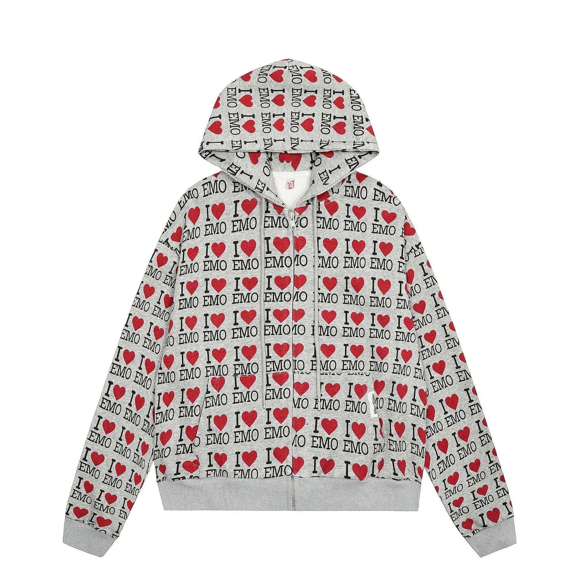 Women's mixed grey cotton cardigan with autumn retro pattern and hooded design
