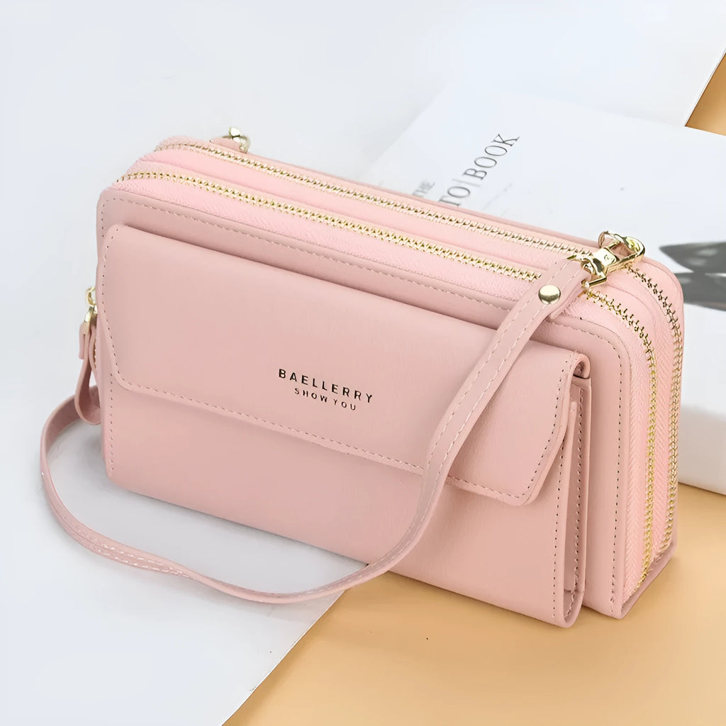 Ladies long wallet messenger bag in PU leather with double zipper, shown in multiple colour options
