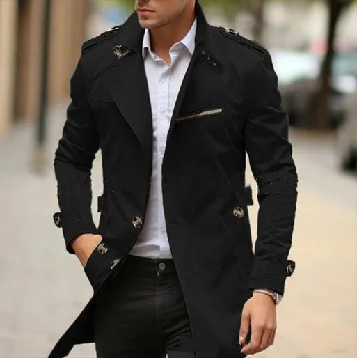 Plus size men's mid-length casual lapel jacket in army green, shown on a model.