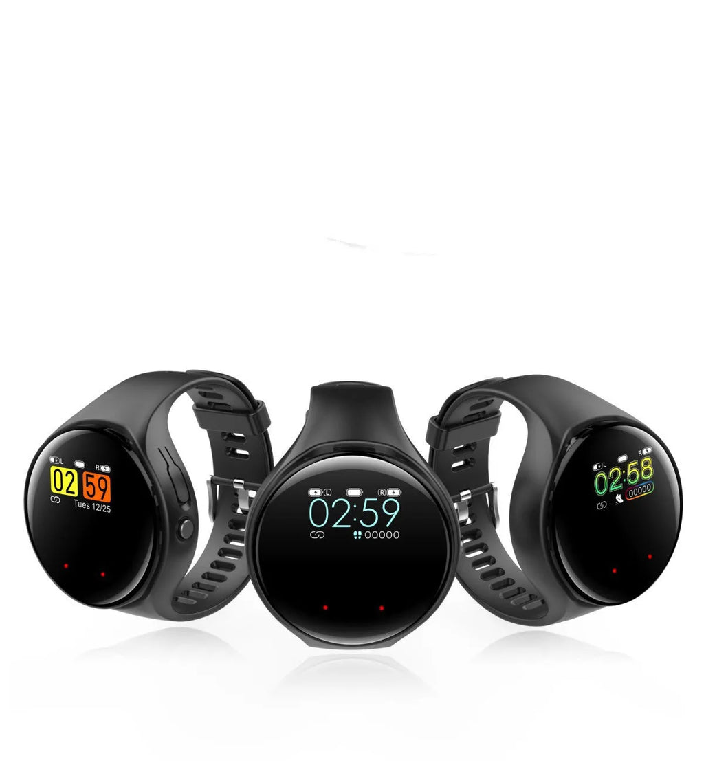 Black Bluetooth headset and smart bracelet combo showing detachable TWS earphones and sports watch display