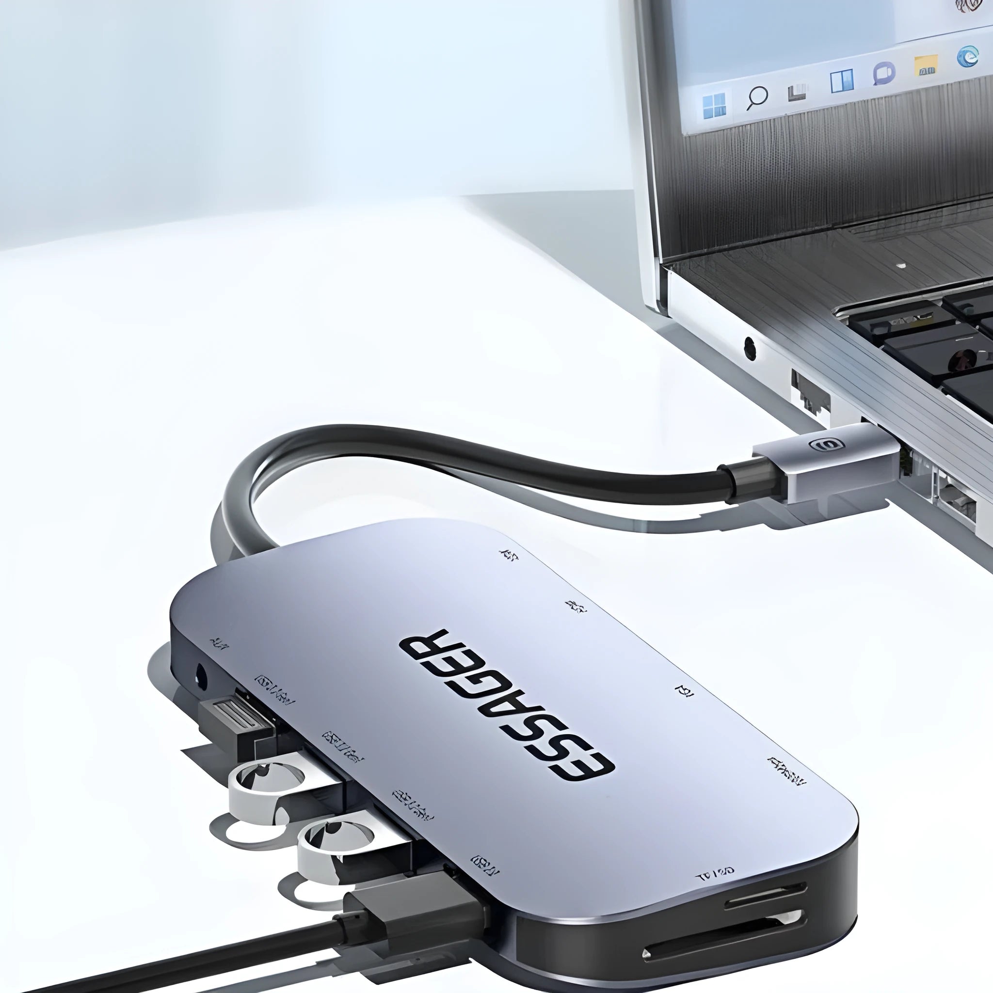 11-in-1 USB-C expansion dock with Gigabit Ethernet port and 20cm cable separator