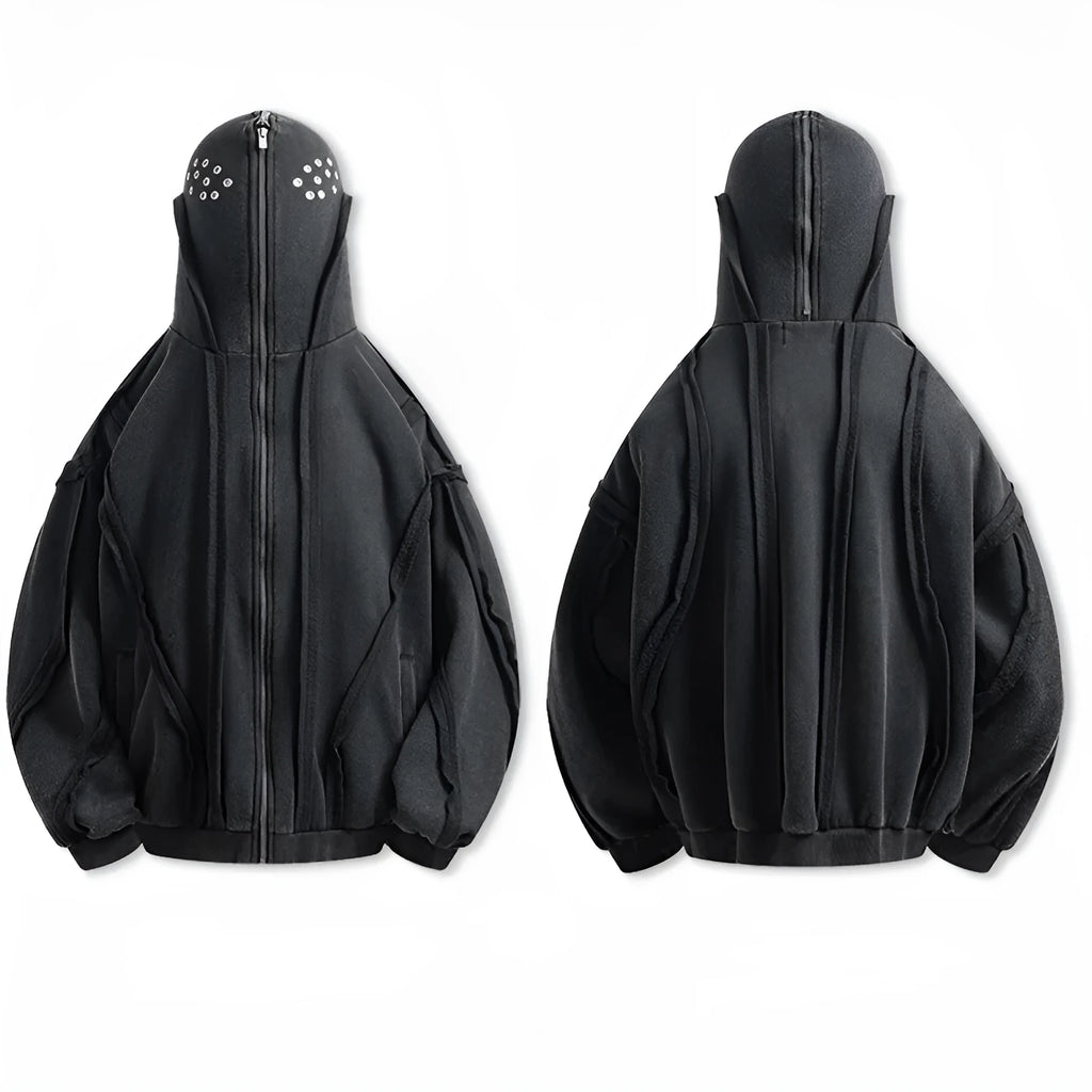 Black mens loose-fit cotton cardigan coat with zip front, attached hood, and abstract pattern.