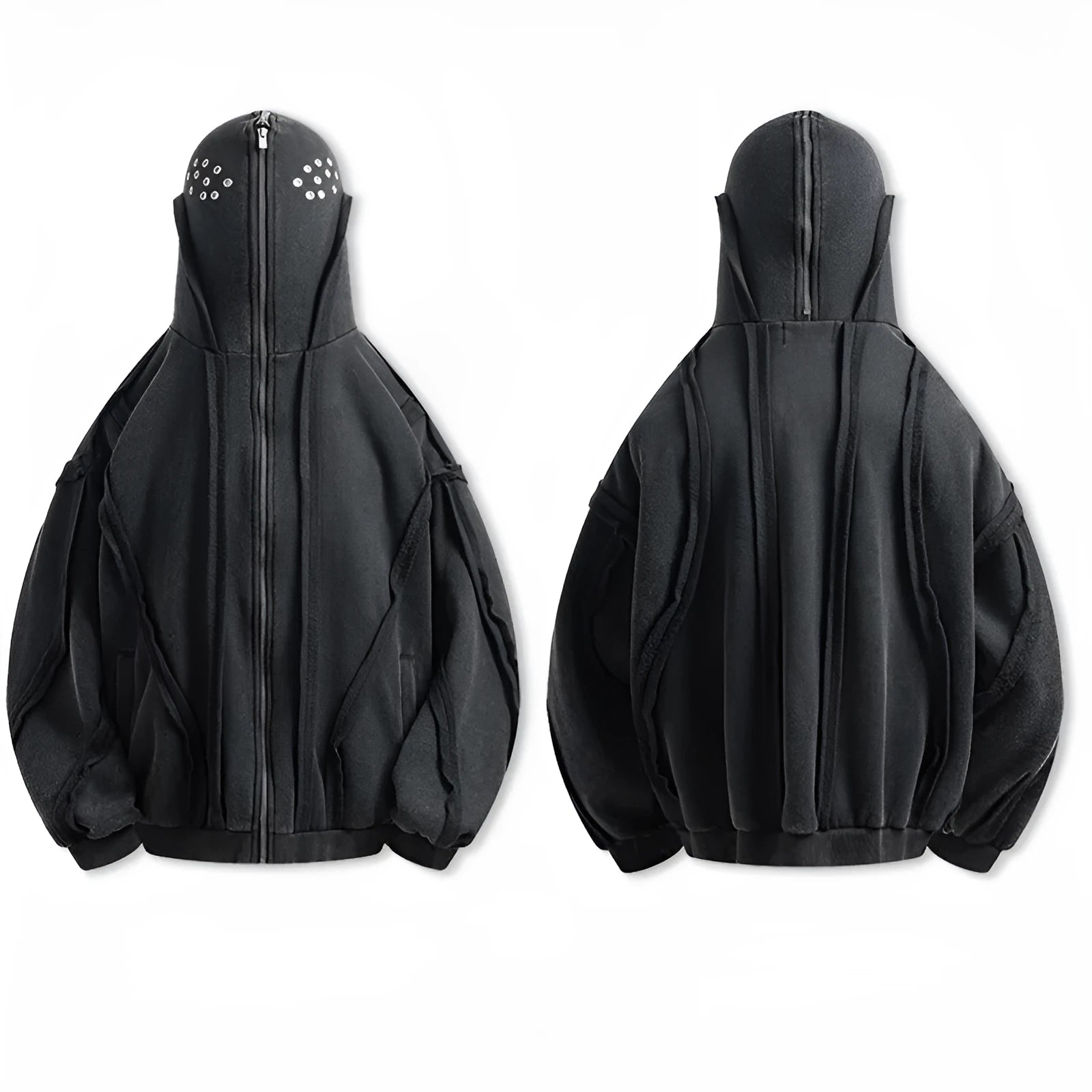 Black mens loose-fit cotton cardigan coat with zip front, attached hood, and abstract pattern.