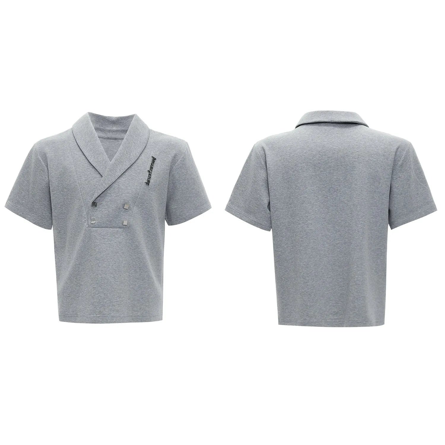 Men's dark grey cotton sports suit with padded shoulder jacket and matching shorts with metal embellishments