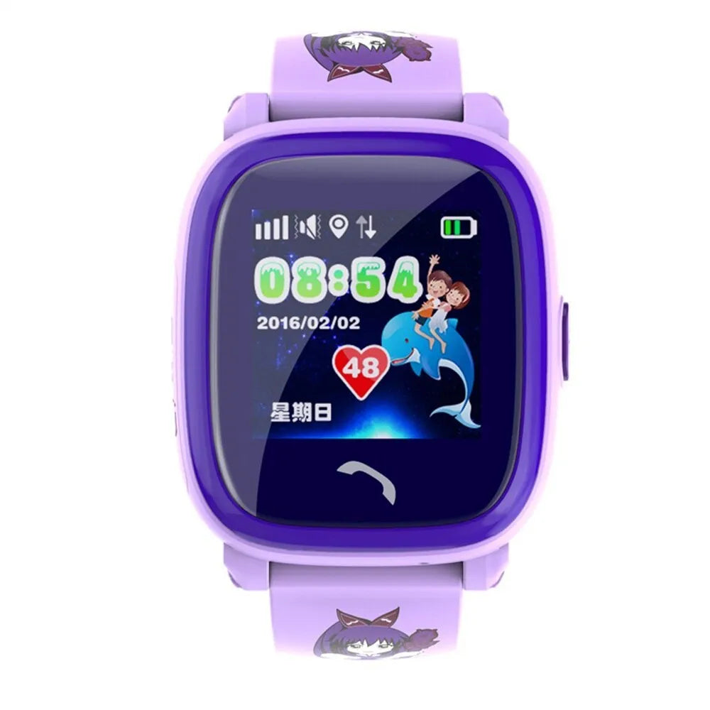 Blue and purple children's smartwatch with silicone strap and 1.22-inch touch screen display