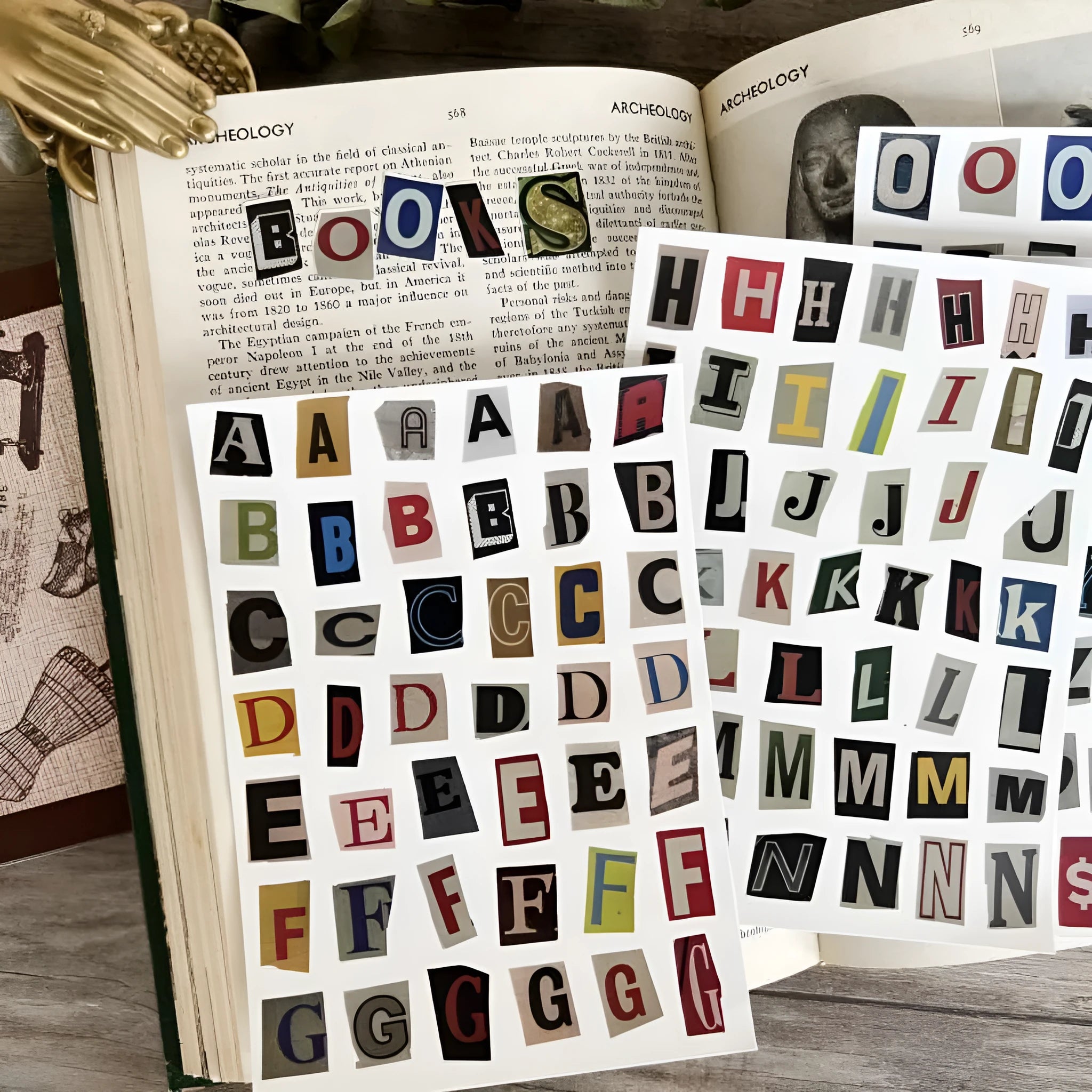 English letters and numbers label sticker set showing alphabet collections and week words in cute printed style