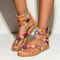 Ethnic-style women's sandals with beaded petal floral decoration on round toe artificial PU leather Roman shoes