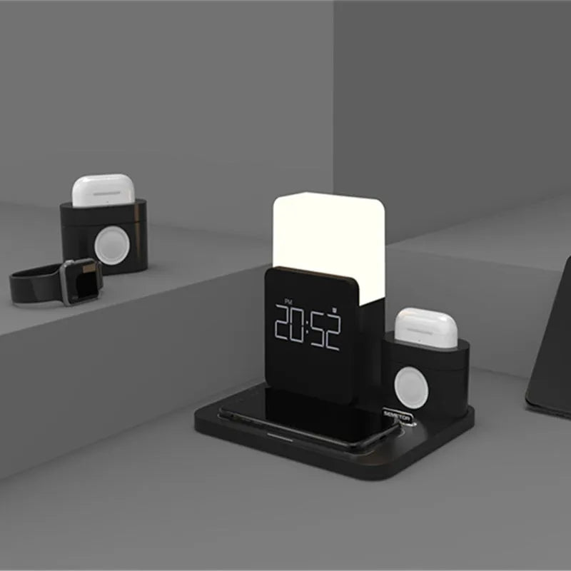 Dark green 3-in-1 wireless charging stand with smartphone, smartwatch, and earbuds charging simultaneously