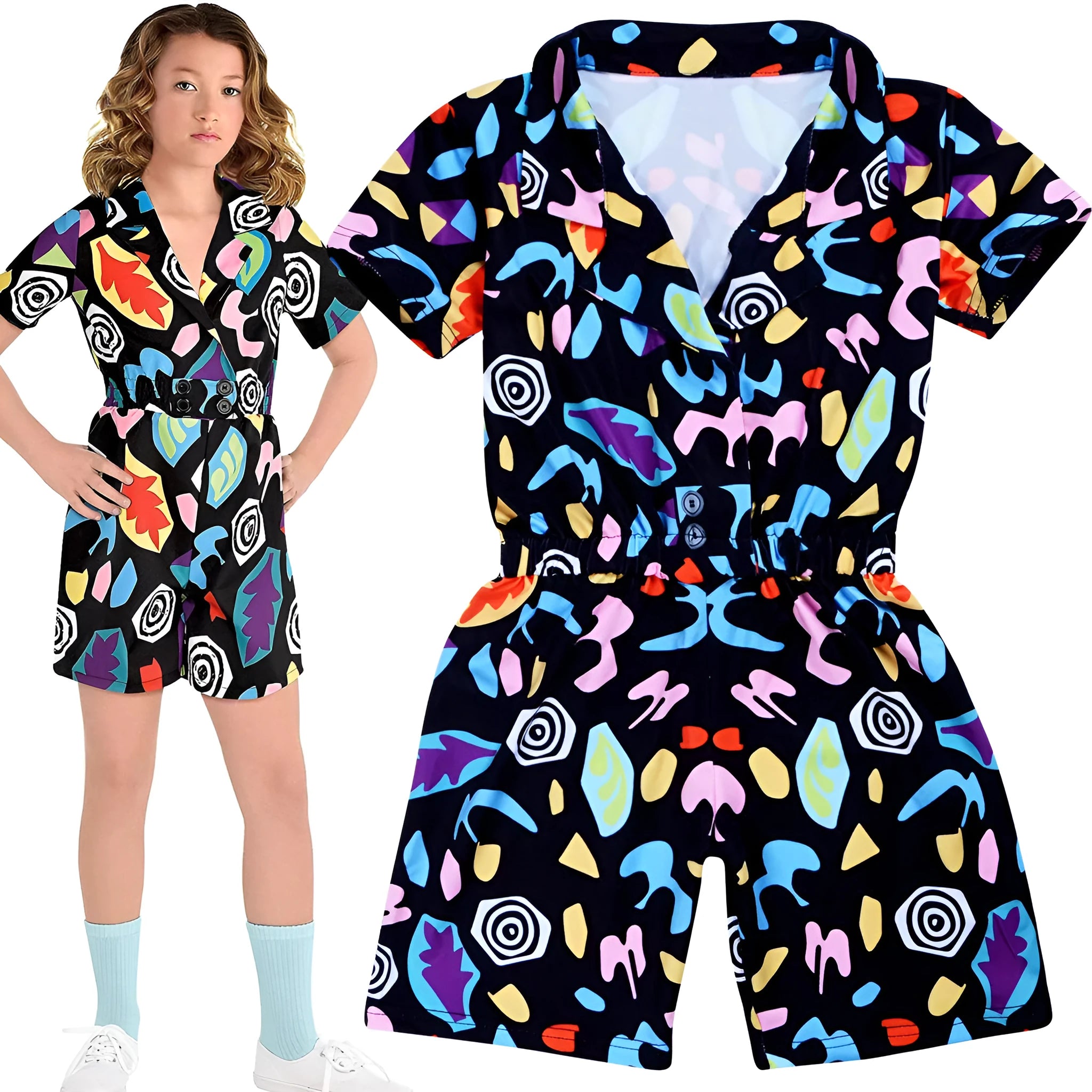 Girls cotton cartoon short sleeve jumpsuit in black, available in six height sizes from 120cm to 170cm