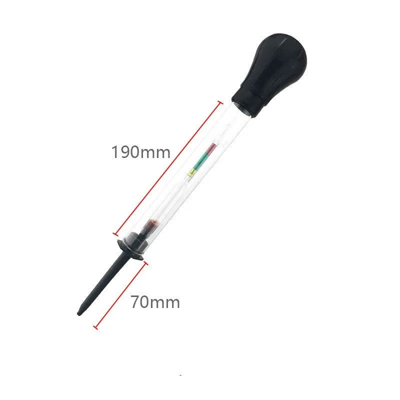 Red and black electrohydraulic automotive battery hydrometer with glass construction measuring 330 mm