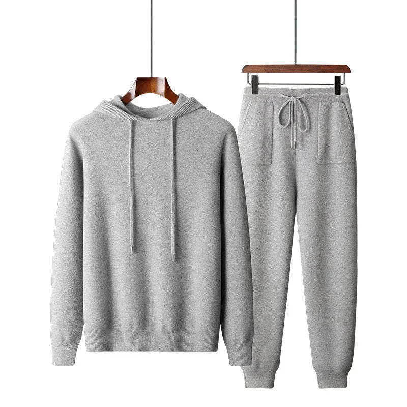 Men's light grey cashmere hooded sweatshirt and matching trousers casual set displayed together