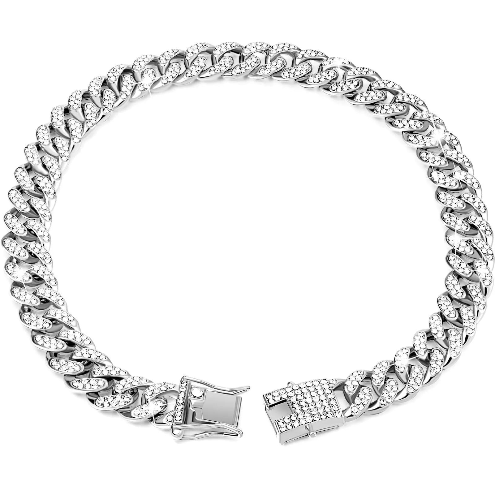 Gold alloy hip hop dog collar necklace with diamond pattern, 12.5mm width, on a white background.